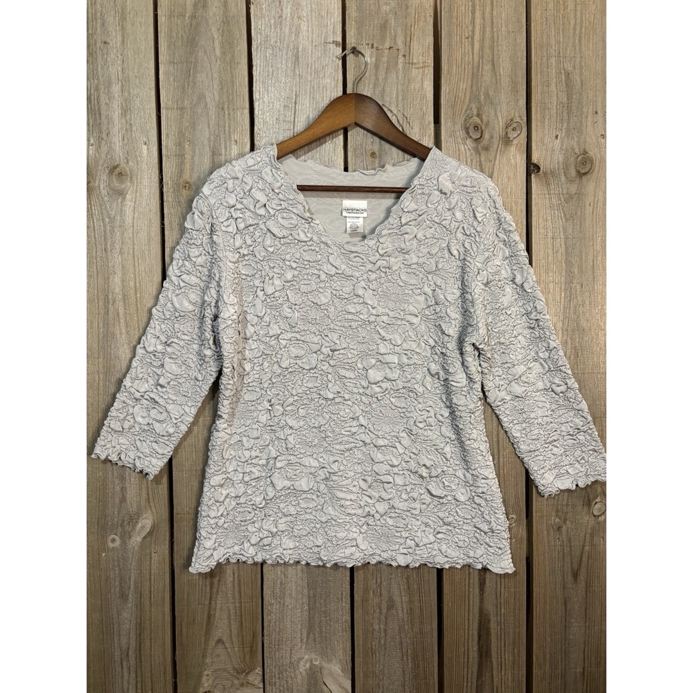 Haystacks Surreal‎ Large Gray Textured Crinkle Knit Top USA Made Stretch Blouse